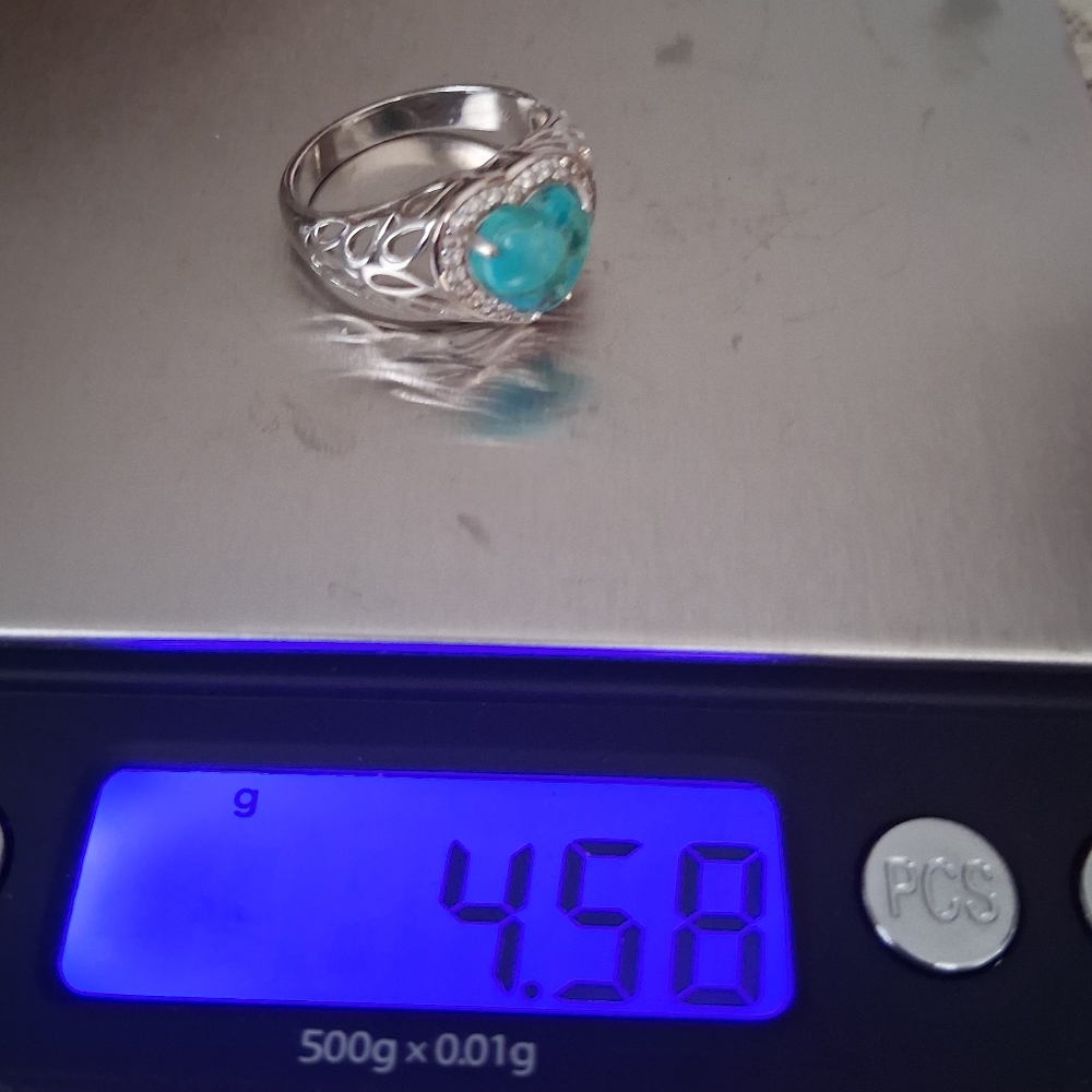 TURQUOISE HEART RING RHODIUM 9W5 STERLING SILVER SIZE 9 - Picture 7 of 8